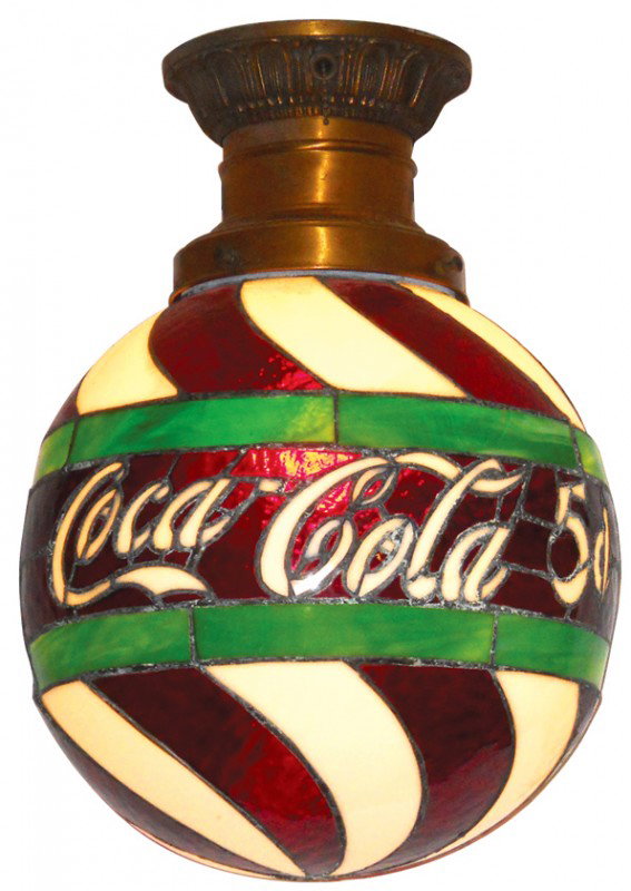 Coca-Cola leaded glass ceiling fixture, colorful r: Coca-Cola leaded glass ceiling fixture, colorful round globe w/bent glass, Exc cond, 18"H x 12"Dia.