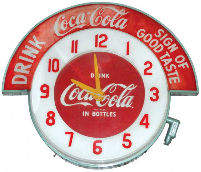 Coca-Cola Cleveland neon clock w/Coca-Cola "Drink-: Coca-Cola Cleveland neon clock w/Coca-Cola "Drink-Sign of Good Taste" marquee, Exc working cond w/some fade on marquee, 34"W at marquee.