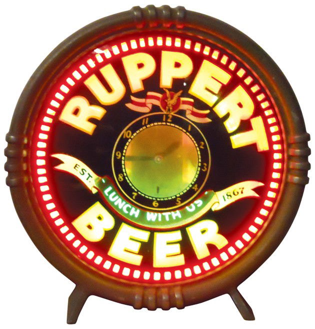 Ruppert Beer, 3-color neon motion clock, mfgd by N: Ruppert Beer, 3-color neon motion clock, mfgd by Neon Globe Co., bubble face, Very Rare, Exc working cond w/slight rub on 2 letters, 13"Dia.