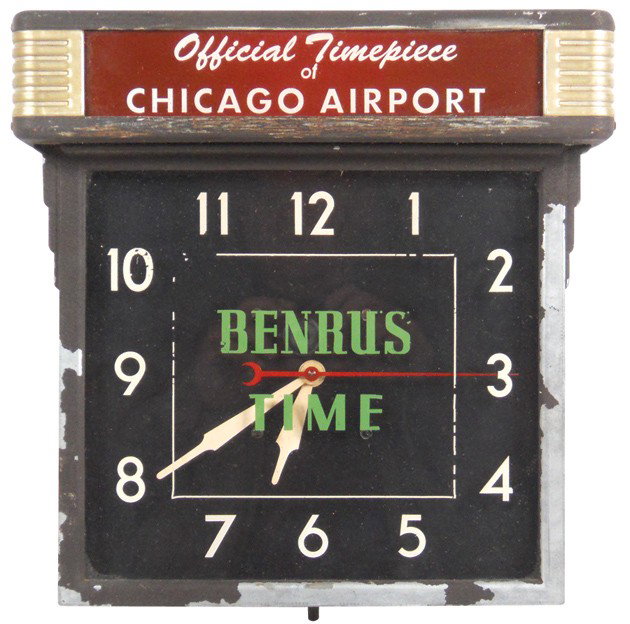 Chicago Airport Official Timepiece light-up clock,: Chicago Airport Official Timepiece light-up clock, "Benrus Time", mfgd by Hammer Bros.-Chicago, frame on metal case has paint loss, o/wise VG working cond, 14.5"H x 14.5"W.
