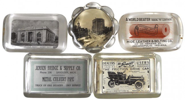 Advertising paperweights (5), Jensen Bridge & Supp: Advertising paperweights (5), Jensen Bridge & Supply Co.-Sandusky, MI, Heart of Detroit, MI, Hide, Leather & Belting Co.-Indianapolis, IN, The Lambert Friction Drive Car-Anderson, IN & State Savings B