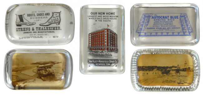 Advertising paperweights (5), Van Vleet-Mansfield: Advertising paperweights (5), Van Vleet-Mansfield Drug Co.-Memphis, Bathing Beach-Newport, RI, Umbrella Park-Lookout Mtn., Streng & Thalheimer Boots, Shoes & Rubbers-Louisville, KY (small base nick) &