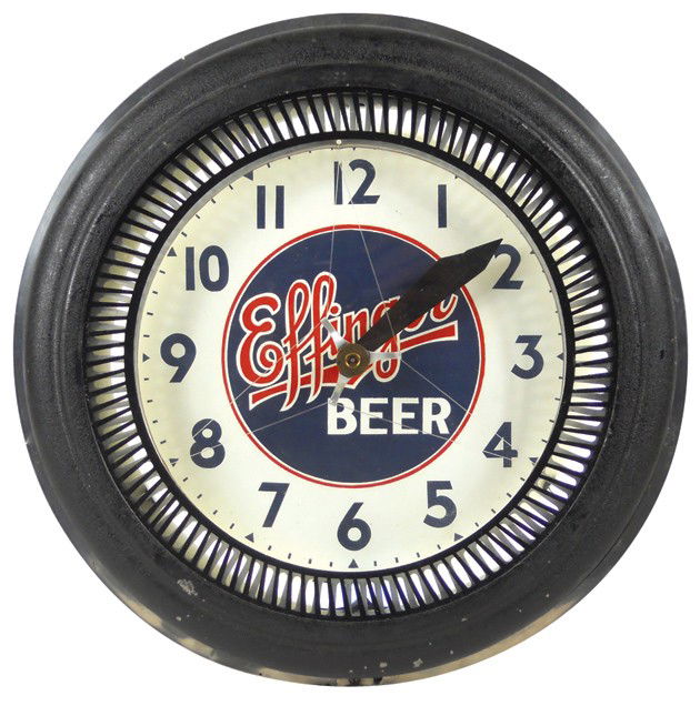 Effinger Beer neon motion clock, mfgd by Neocraft,: Effinger Beer neon motion clock, mfgd by Neocraft, Exc working cond, 15"Dia.