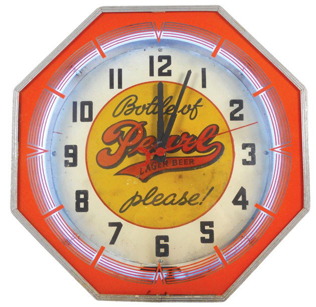 Pearl Lager Beer neon clock, mfgd by Neon Products: Pearl Lager Beer neon clock, mfgd by Neon Products Inc., 8-sided, VG working cond w/light spotting on dial, 18"H.