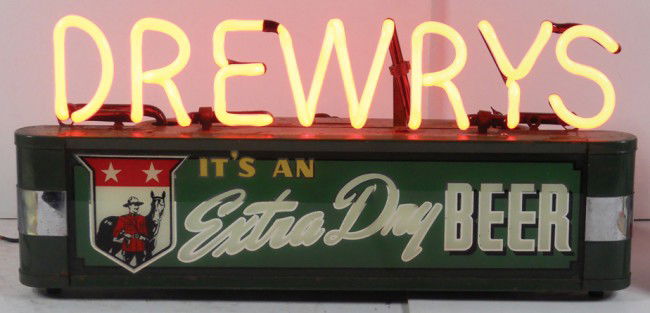 Drewry's neon sign, mfgd by Allison Sign Co.-Milw: Drewry's neon sign, mfgd by Allison Sign Co.-Milw., "It's An Extra Dry Beer", Exc working cond, 10"H x 21"W.