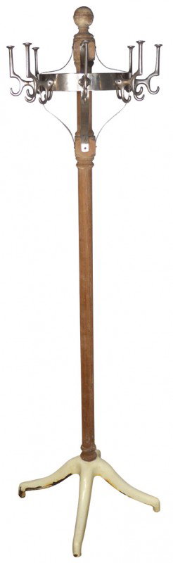Koken coat & hat rack, wood column w/white porcel: Koken coat & hat rack, wood column w/white porcelain 4-legged base, Good unrestored cond, 76"H.