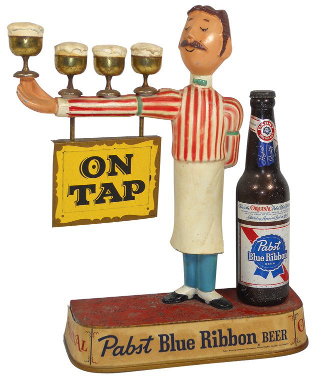 Pabst Blue Ribbon Beer figural store display, met: Pabst Blue Ribbon Beer figural store display, metal, c.1960's, VG cond, 15"H x 14"W.