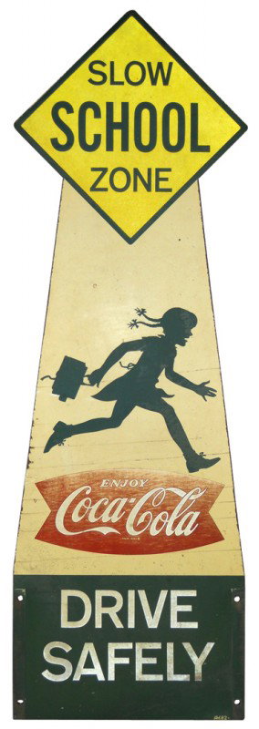 Coca-Cola School Zone-Drive Safely 2-sided wood s: Coca-Cola School Zone-Drive Safely 2-sided wood sign, one side Good, other is Fair, no base, 48"H x 16"W.