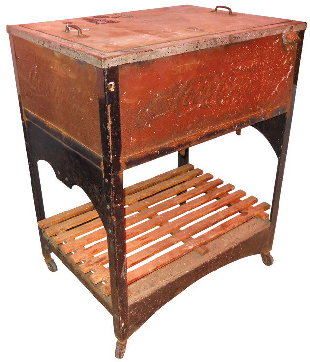 Coca-Cola Glascock cooler w/lid, embossed inserts: Coca-Cola Glascock cooler w/lid, embossed inserts, a good restoration project, 40"H x 32"W x 23.5"D.