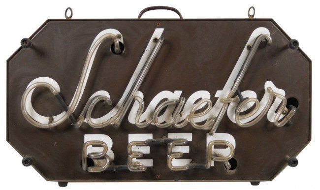 Schaefer Beer neon sign, heavy 8-sided brass case: Schaefer Beer neon sign, heavy 8-sided brass case w/tag reading "Property of The F&M Schaefer Brewing Co.-Brooklyn, NY", VG working cond, 12.5"H x 22.5"W.