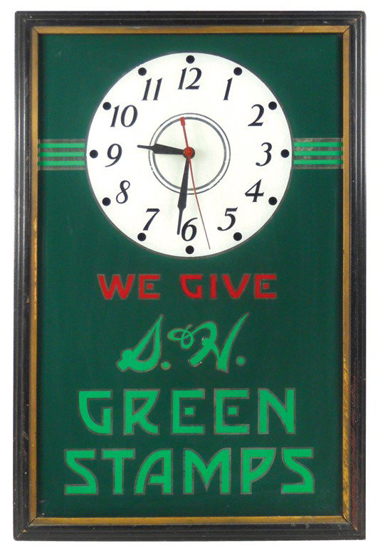 S.& H. Green Stamps light-up counter sign w/clock: S.& H. Green Stamps light-up counter sign w/clock, mfgd by Crystal Mfg Co.-Chicago, spot of paint loss in lower left corner, o/wise VG working cond, 23"H x 15"W.
