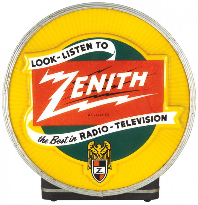 Zenith light-up counter sign, molded plastic face: Zenith light-up counter sign, molded plastic face has spider crack, o/wise VG working cond, 14.5"H x 14"W.