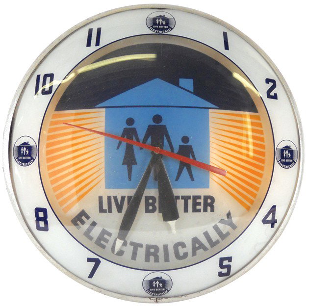 Live Better Electrically double-bubble light-up c: Live Better Electrically double-bubble light-up clock, mfgd by Adv Products Inc., Exc working cond, 16"Dia.