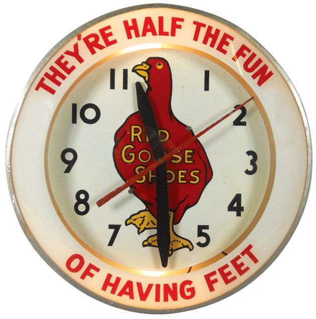 Red Goose Shoes light-up clock, convex glass w/li: Red Goose Shoes light-up clock, convex glass w/litho on metal face, Exc orig working cond, 14"Dia.