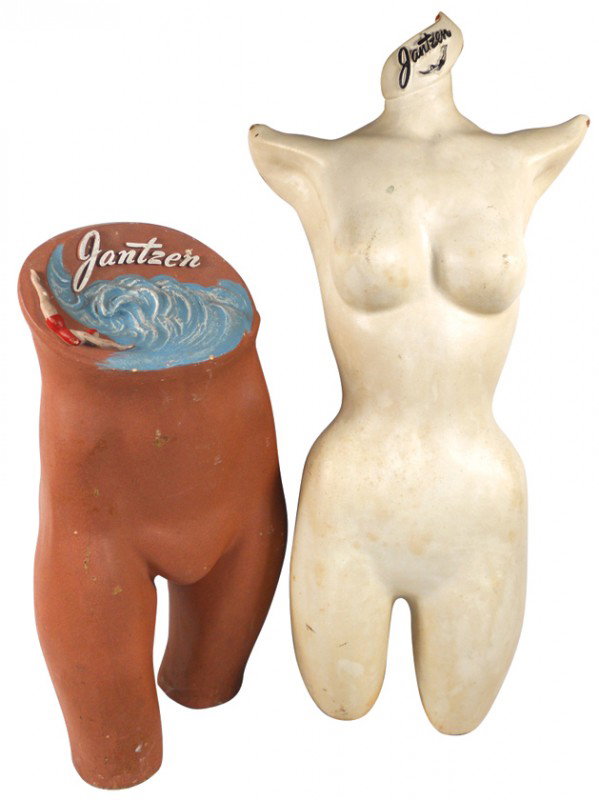 Jantzen Swimsuit forms (2), one stands, other han: Jantzen Swimsuit forms (2), one stands, other hangs, c.1950's-60's, both composition & Good cond, 27" & 39"H.