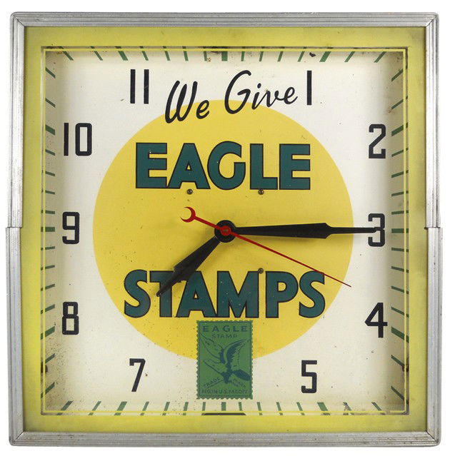 1254 Eagle Stamps neon clock, mfgd by Lackner, VG work