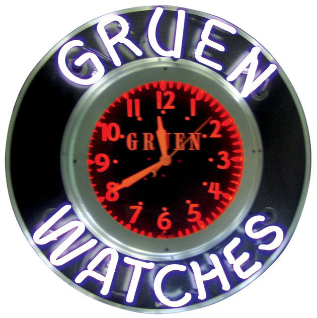 Gruen Watches neon clock, mfgd by Lackner, Exc wo: Gruen Watches neon clock, mfgd by Lackner, Exc working cond in orig crate, 25"Dia.