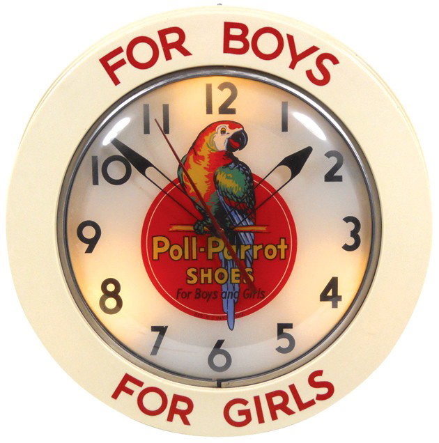 Poll-Parrot Shoes light-up clock, mfgd by Blue Ri: Poll-Parrot Shoes light-up clock, mfgd by Blue Ribbon Displays, plastic case, Very Rare, Exc working cond, 19"Dia.