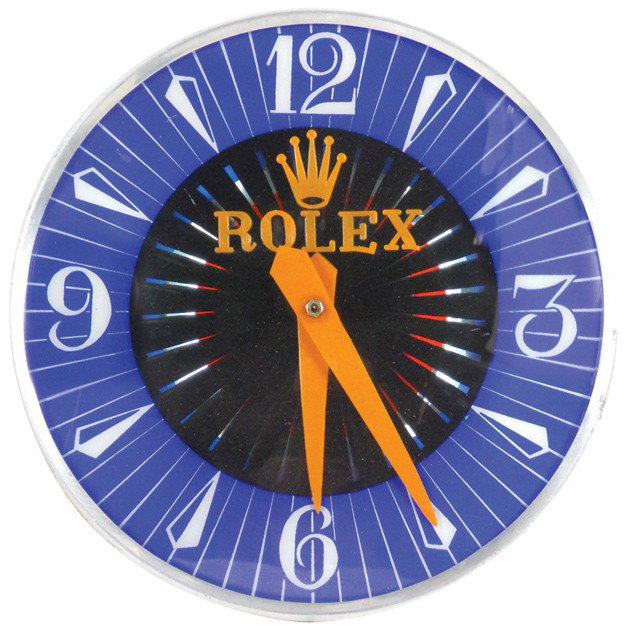 Rolex light-up clock w/motion wheel, convex glass: Rolex light-up clock w/motion wheel, convex glass face, VG working cond, 12"Dia.