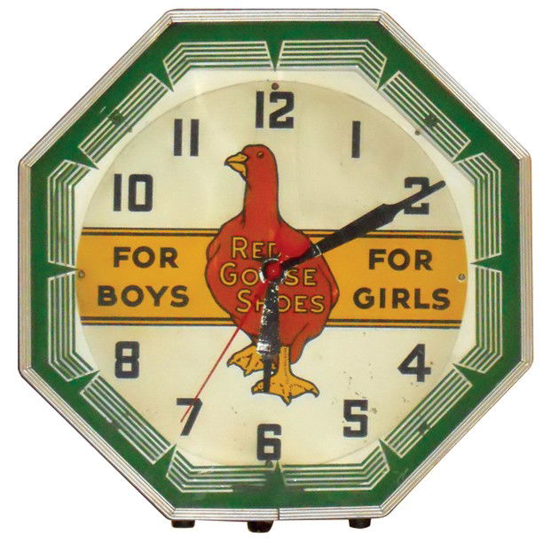 Red Goose Shoes-For Boys-For Girls neon clock, mf: Red Goose Shoes-For Boys-For Girls neon clock, mfgd by Neon Products Inc., 8-sided, Exc working cond, 18"H.