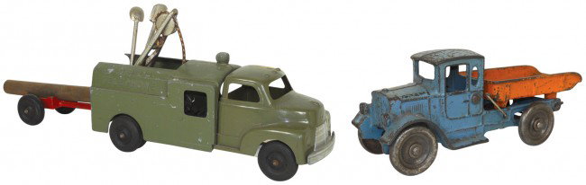 Toys (2), Kilgore cast iron dump truck & Hubley K: Toys (2), Kilgore cast iron dump truck & Hubley Kiddie Toy No.475 Bell Telephone truck w/trailer & tools, both in VG cond, 8.5" & 13"L.