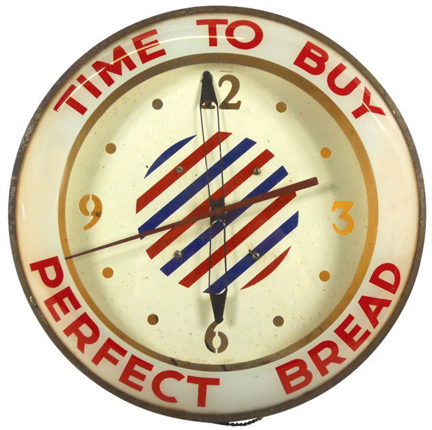 Time To Buy Perfect Bread light-up clock, colorfu: Time To Buy Perfect Bread light-up clock, colorful red, white & blue, VG working cond, 14"Dia.