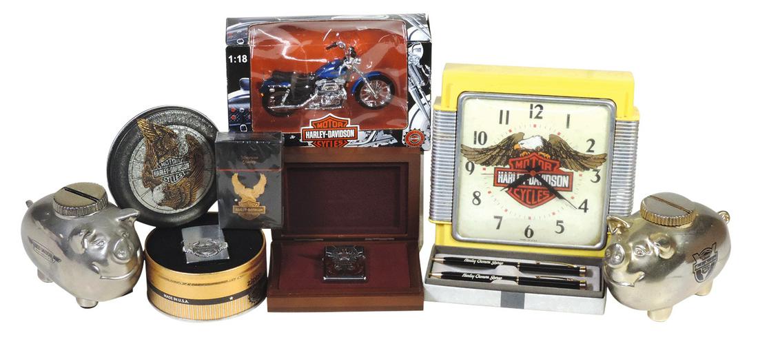 Motorcycle Items (8), Harley-Davidson 25th & 50th figural metal pig banks, Telechron vintage wall (1 of 3)
