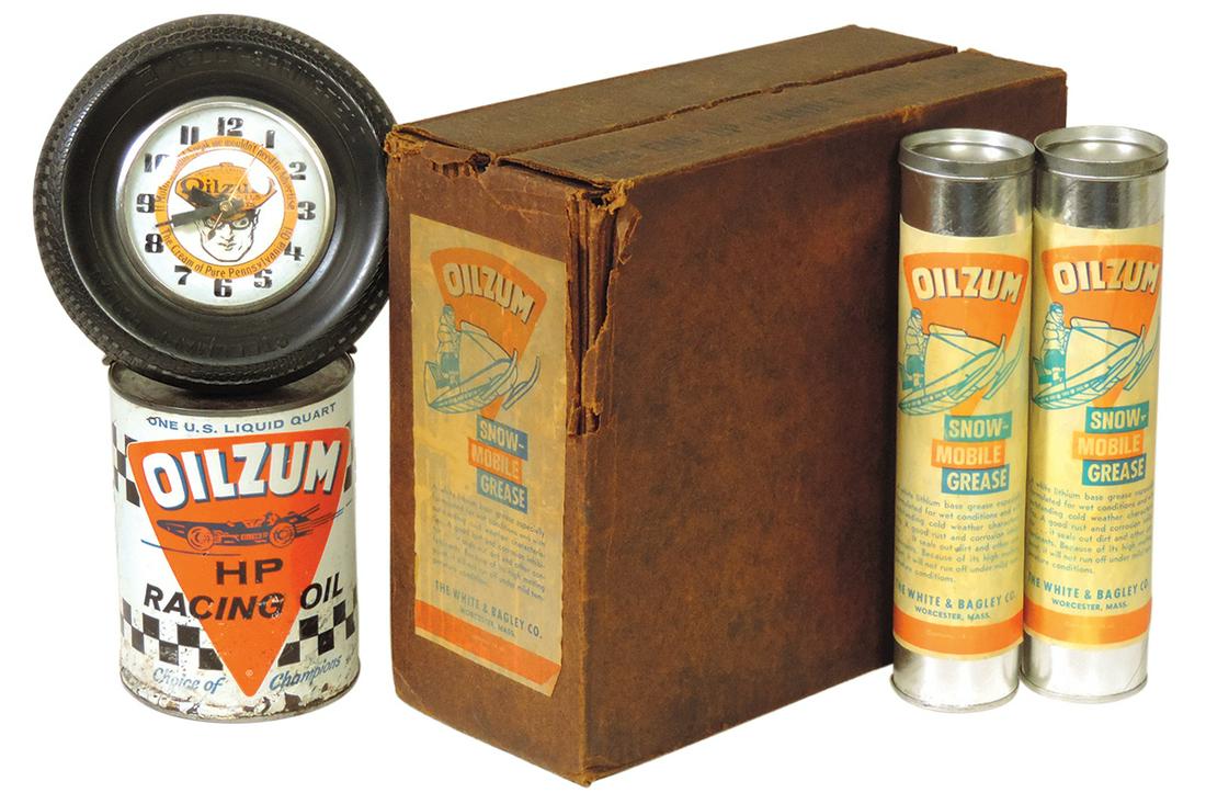 Oilzum Lubricants & Clock (12), full case of 10 tubes Snowmobile grease & bottom-opened Racing Oil (1 of 1)