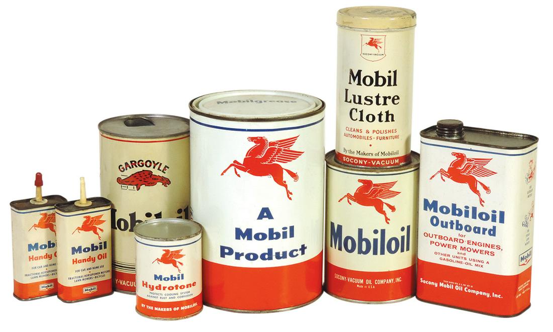 Mobiloil Products (8), litho on tin w/Pegasus 5 lb grease, Arctic oil (unopened), Outboard oil (1 of 1)