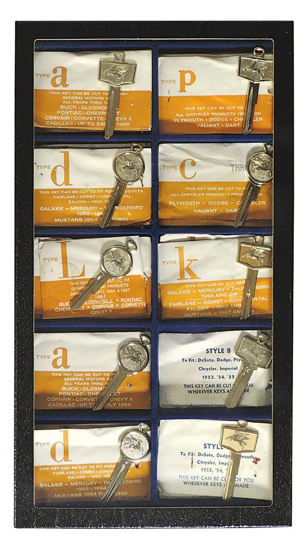 Automotive Keys (52), uncut keys embossed w/Mobil flying horse for various models thru 1967, in orig: Automotive Keys (52), uncut keys embossed w/Mobil flying horse for various models thru 1967, in orig envelopes, Exc NOS cond, 15"H x 8"W (display).