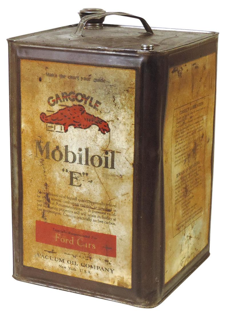 Oil Can, Mobiloil "E" 5 gal tin w/Gargoyle mascot "Especially recommended for Ford Cars," Good+ cond (1 of 1)