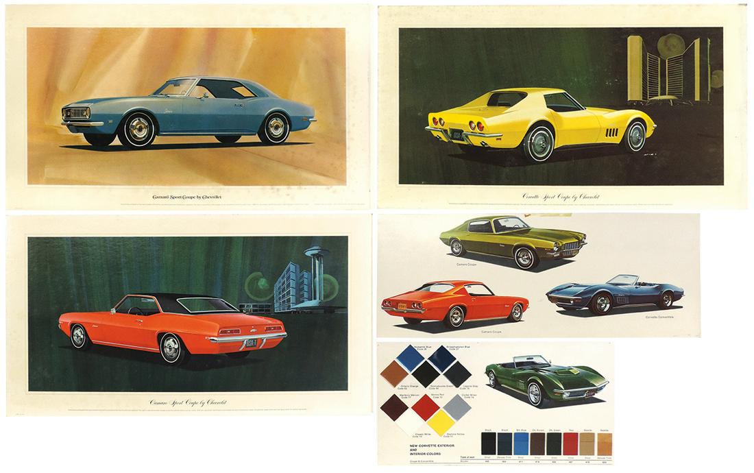 Chevrolet Dealership Advertising (5), Corvette Sport Coupe, 2 Camaro Sport Coupes (1 w/vinyl roof),: Chevrolet Dealership Advertising (5), Corvette Sport Coupe, 2 Camaro Sport Coupes (1 w/vinyl roof), on poster board & 2 smaller placards, incl 1970 Corvette color chart in period cdbd mailer, VG-Exc c