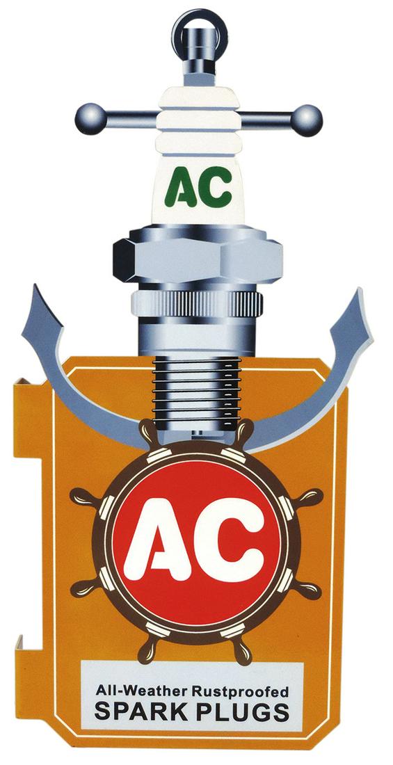 Sign, AC Spark Plugs, contemporary 12 ga diecut metal double-sided flange in Exc NOS cond, 20"H x (1 of 2)