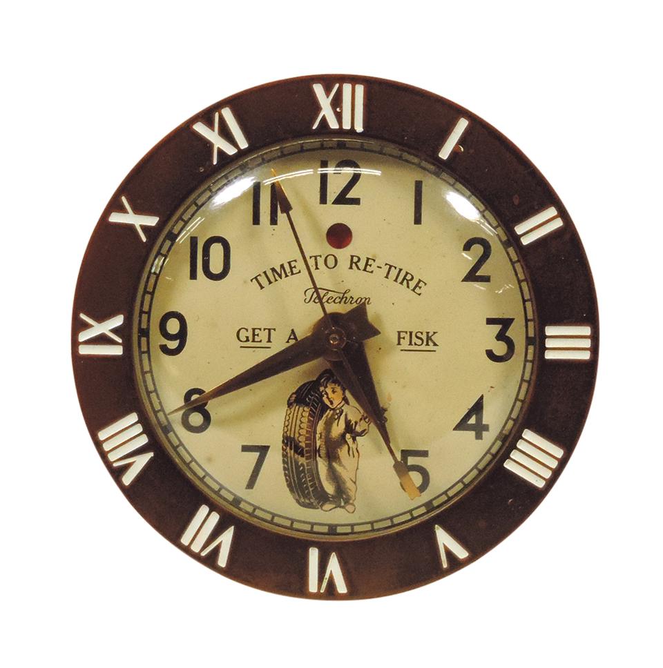 Clock, Fisk Time to Re-Tire, litho on tin face plate w/Sleepy Boy mascot w/Telechron movement in Art: Clock, Fisk Time to Re-Tire, litho on tin face plate w/Sleepy Boy mascot w/Telechron movement in Art Deco white Plexiglas case, Exc non-working cond, 5.25"Dia.