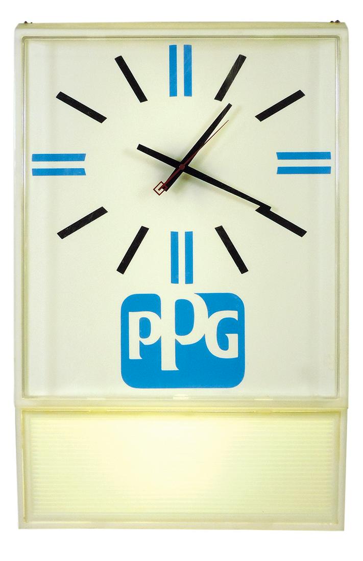 Clock/Sign, PPG Paint, lighted plastic w/logo above sign board, VG working cond, 26"H x 17"W. (1 of 1)