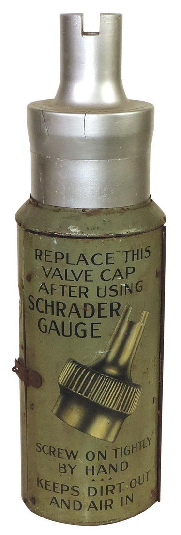 Valve Stem Display, Schrader, metal & wood valve shape w/hinged door, interior shelves & graphics, (1 of 2)