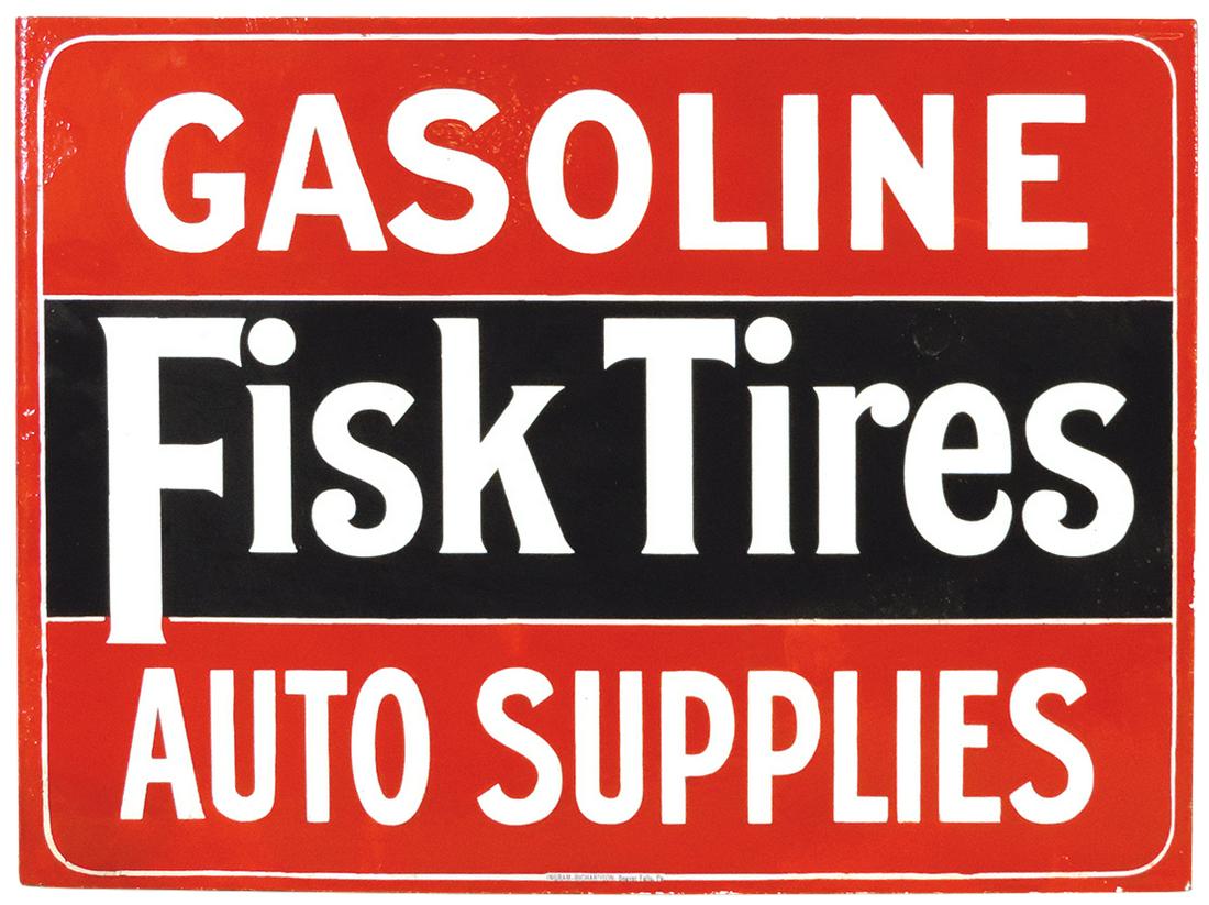 Sign, Fisk Tires flange, enameled paint on steel by Ingram-Richardson-Beaver Falls, PA, Good cond (1 of 2)