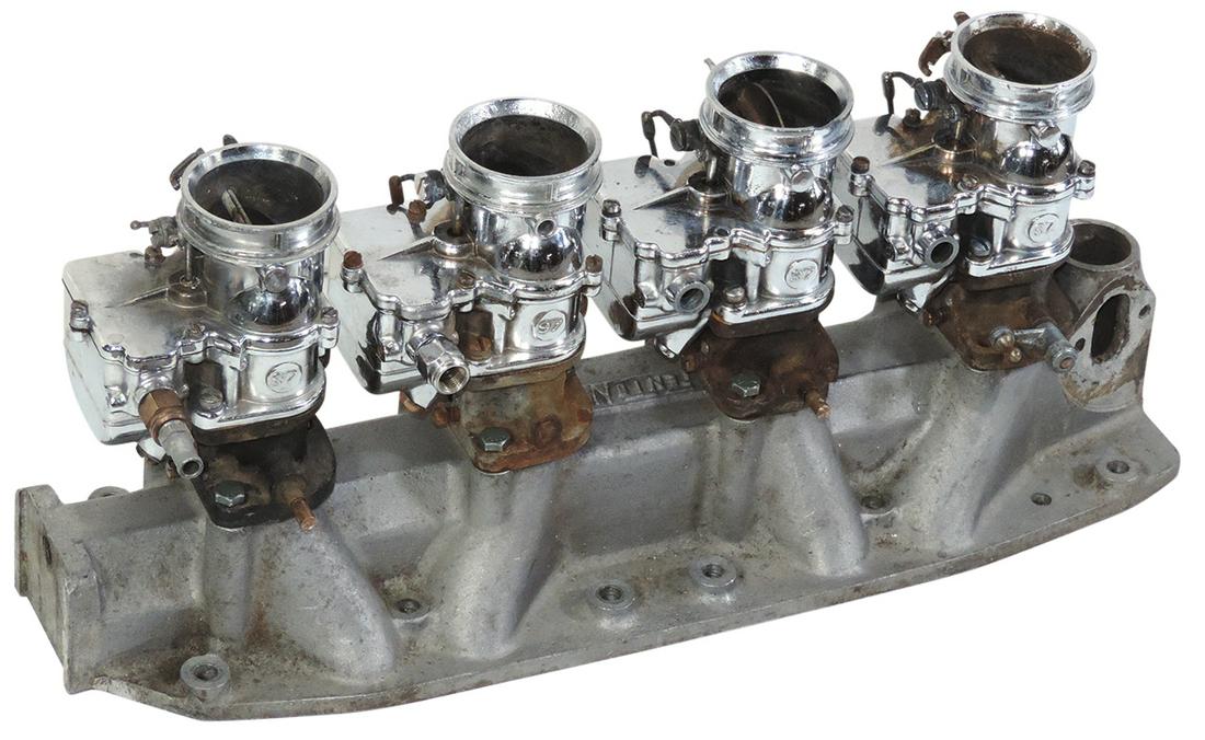 Intake Manifold for Ford '32-48 114 2 bbl Fenton, Rare, has 4 chromed '97 carbs, one w/rim chip, (1 of 2)