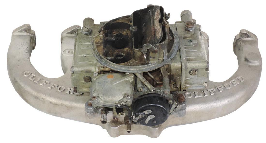 Intake Manifold for 6 cyl Chevrolet, Clifford, 8=9 alum w/Carter 24580 4 bbl, VG orig cond, (1 of 3)