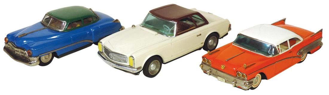 Toy Automobiles (3), pressed tin Japan Mercedes 9v by TM, mid 50s sedan friction & late 50s coupe (1 of 1)
