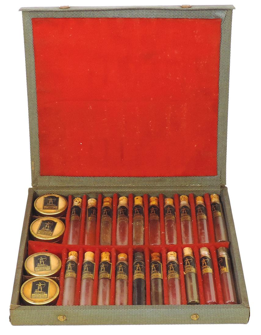 Salesman's Sample Products, Archer, cased set of oils & lubes in 20 cork-stoppered tubes & 4 tins, (1 of 2)