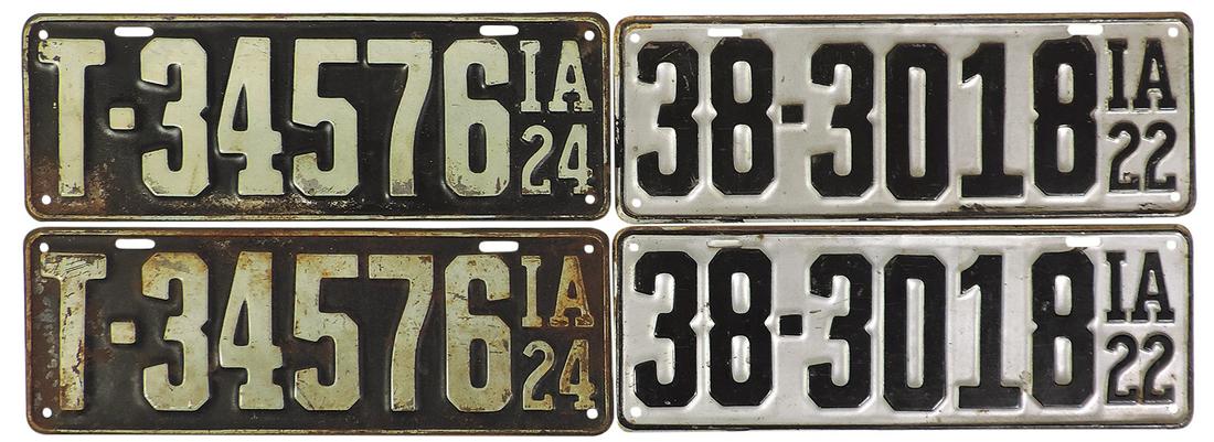 License Plates (4), Iowa, c.1922 & 1924, metal, VG & VG+ orig cond. (1 of 1)