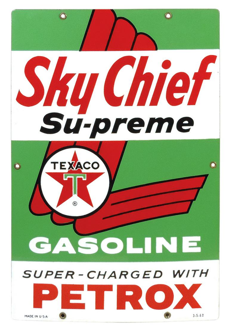 Pump Plate, Texaco Sky Chief Supreme, porcelain on steel, mkd 3-5-62, Exc cond, color & gloss: Pump Plate, Texaco Sky Chief Supreme, porcelain on steel, mkd 3-5-62, Exc cond, color & gloss w/small chip at lower rt mount, 18"H x 12"W.