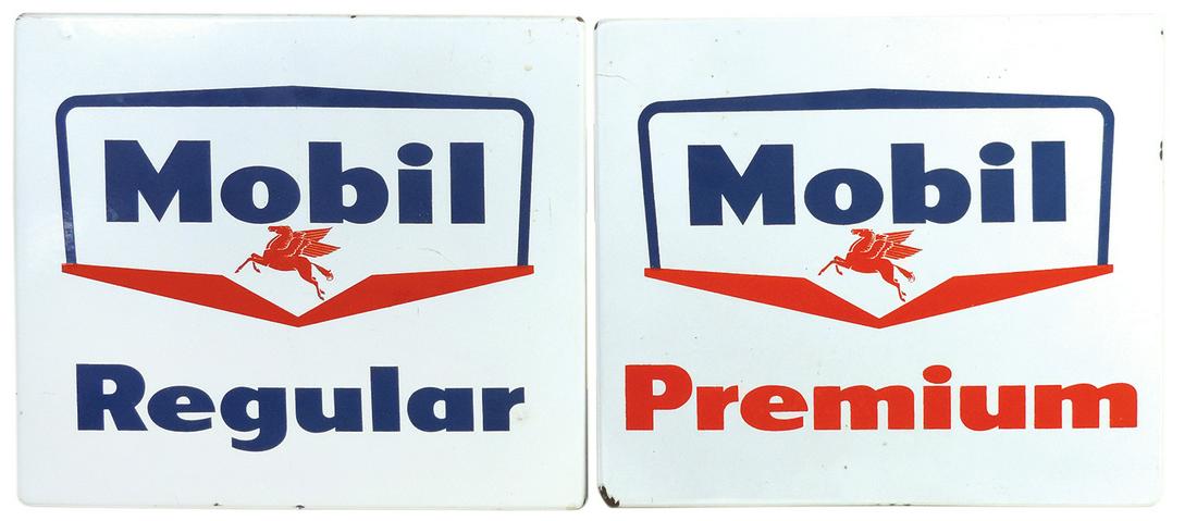 Pump Plates (2), Mobil, porcelain on steel for Regular & Premium w/mount studs on verso, Exc & VG+ (1 of 1)