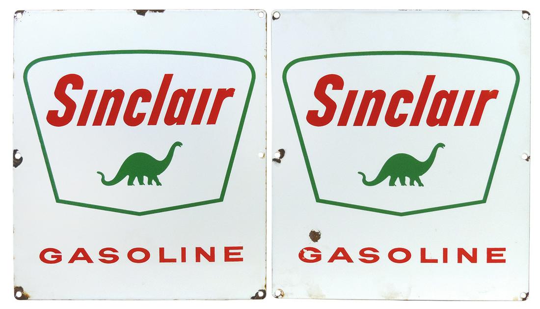 Pump Plates (2), Sinclair, porcelain on steel w/Dino mascot, VG w/edge chips, 15.5"H x 12"W. (1 of 1)