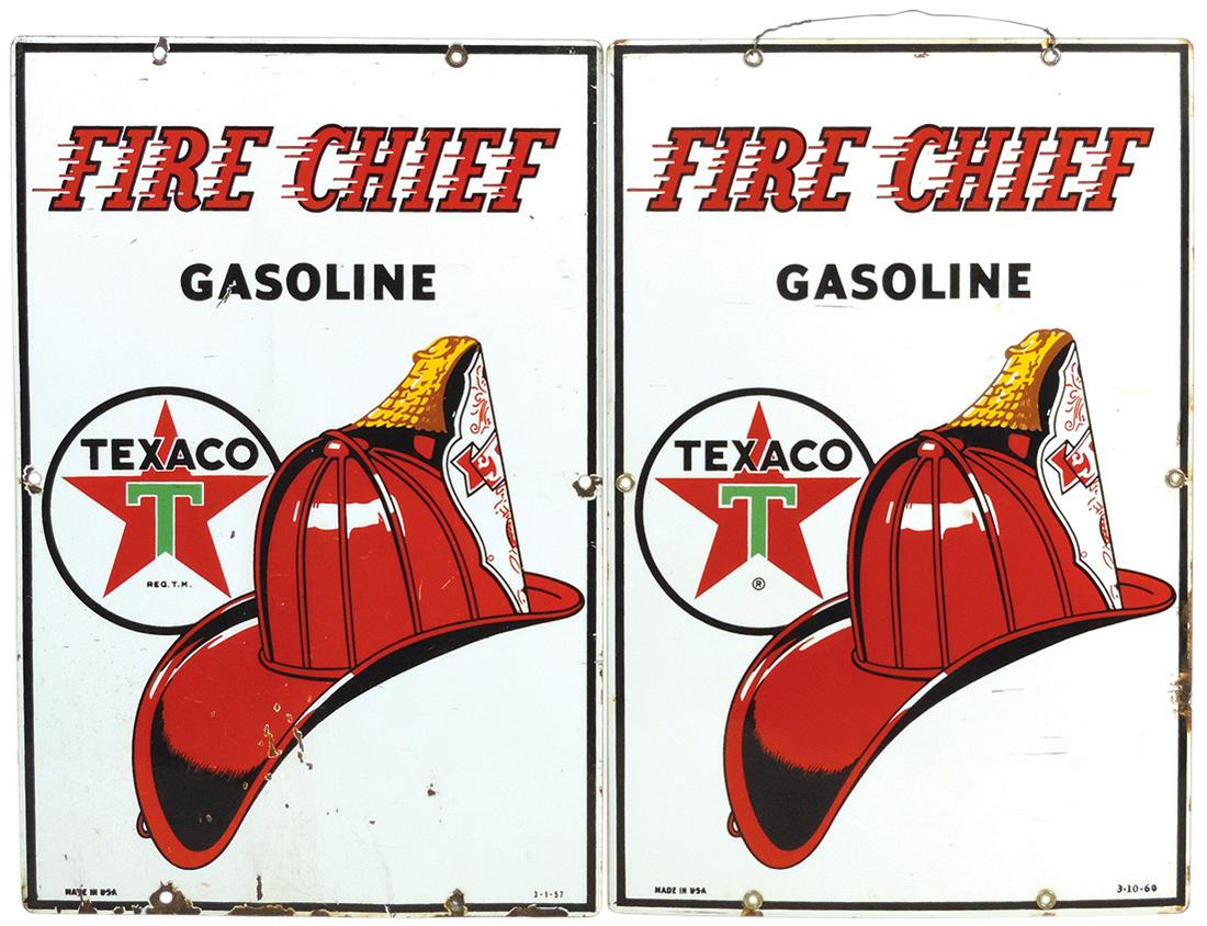 Pump Plates (2), Texaco Fire Chief, 1957 & 1960, porcelain on steel, Good+ & VG cond, latter w/Exc (1 of 1)