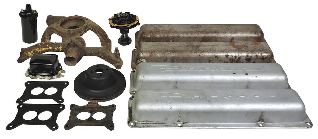 Packard parts (10), valve covers, carb risers, coil, voltage reg, water pump, belt pulley, VG to Exc (1 of 1)