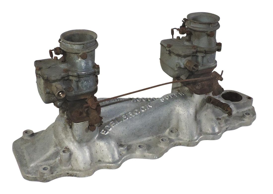 Intake Manifold, Ford Flathead, c.1938-48, Edelbrock Super w/2 Stromberg 97's, has linkage, (1 of 2)