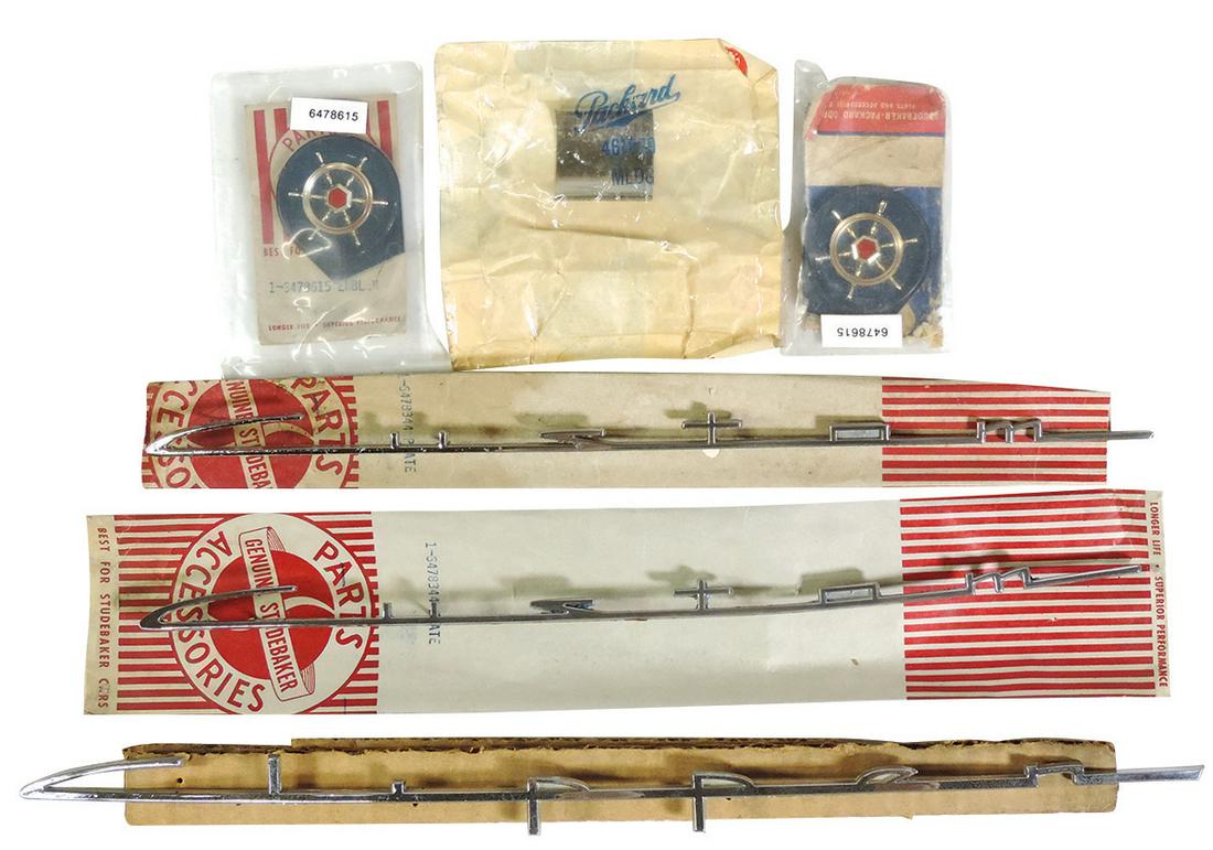 Packard parts (5), 1956 Custom trim (2 NOS w/package) Clipper script Exc+ cond or NOS, NOS belt (1 of 1)