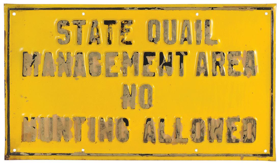 No Hunting Sign, State Quail Management Area No Hunting Allowed, embossed metal, NOS w/some shelf (1 of 1)